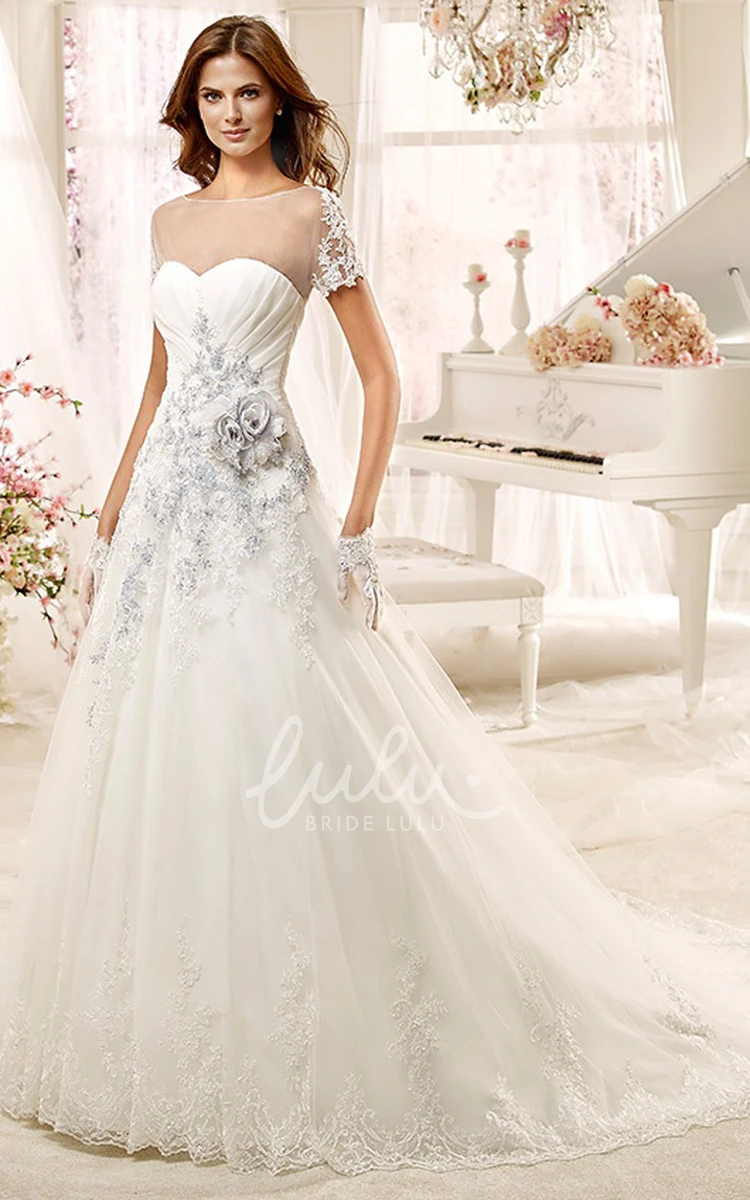 Beaded Illusion A-line Wedding Dress with Flowers Jewel Neck Elegant