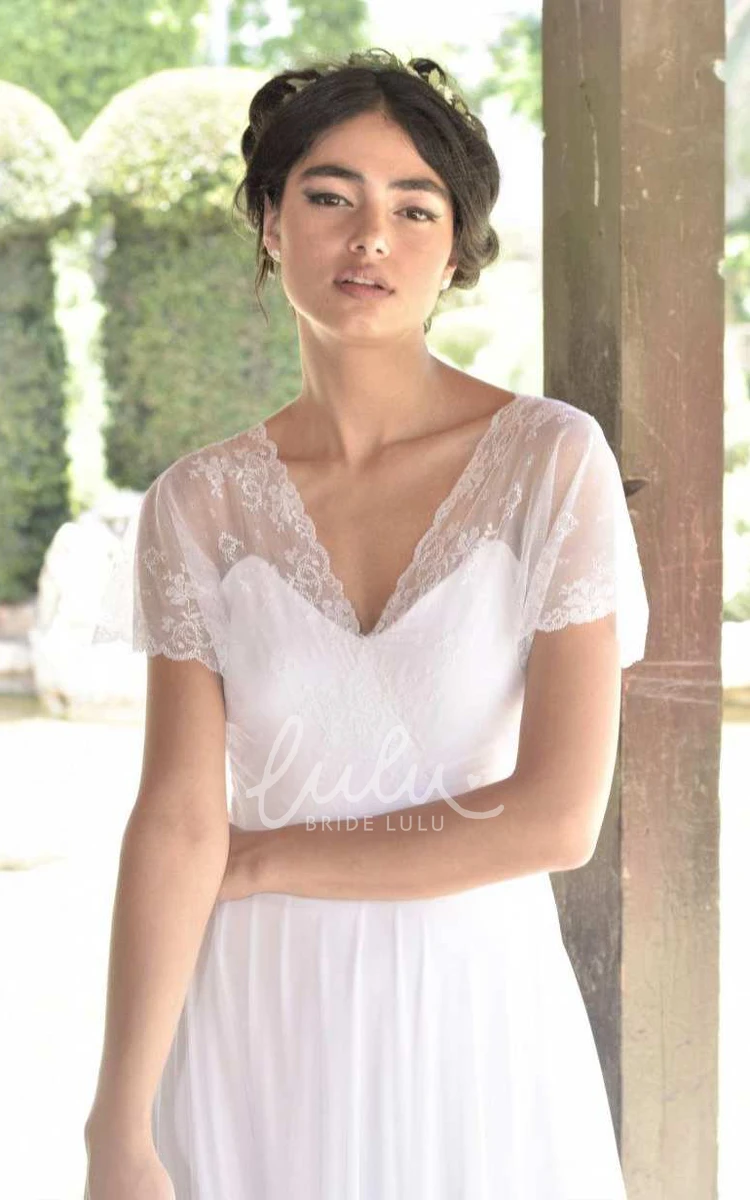 Deep-V Back Lace Chiffon Wedding Dress with Short Sleeves
