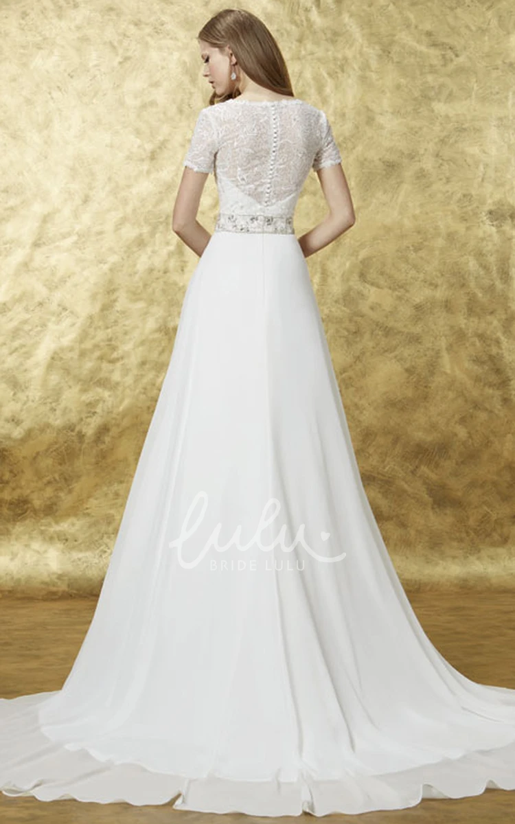 V-Neck Lace A-Line Wedding Dress Maxi Short Sleeves Chiffon