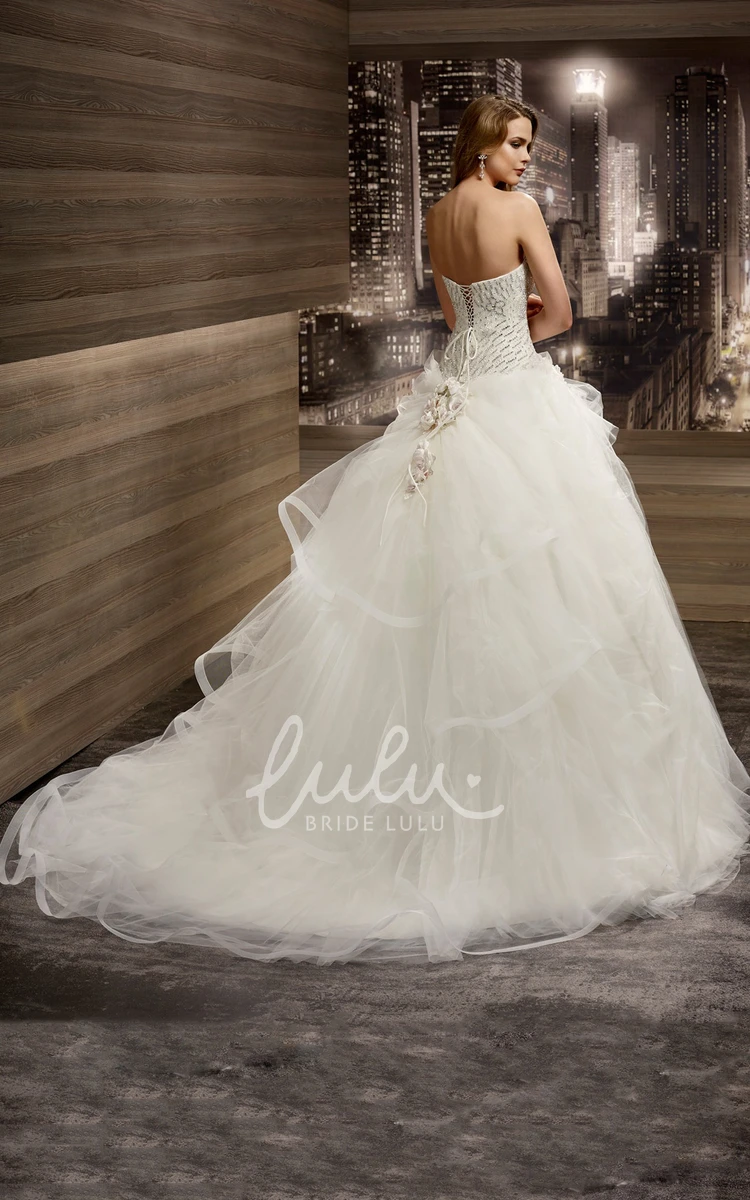 Lace-Up A-Line Wedding Dress with Beaded Bodice and Ruched Overlayer
