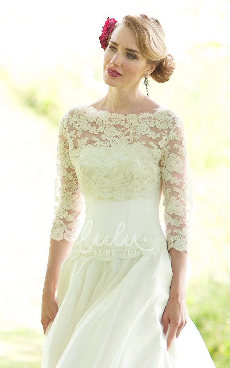Lace Chiffon Wedding Dress with 3/4 Sleeves and Floor-Length Bateau Neckline