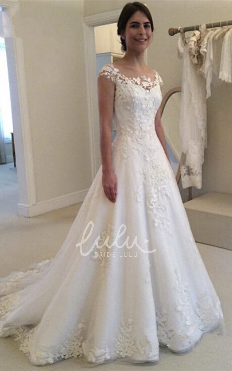 Adorable Cap Sleeve Lace Wedding Dress with Illusion Button Back