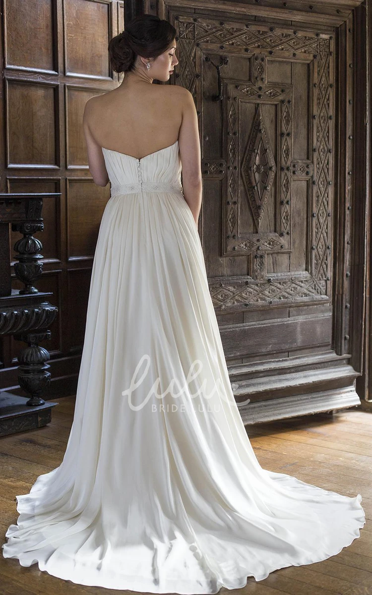 Chiffon Maxi Wedding Dress with Pleated Sweetheart Neckline and Flower Detail