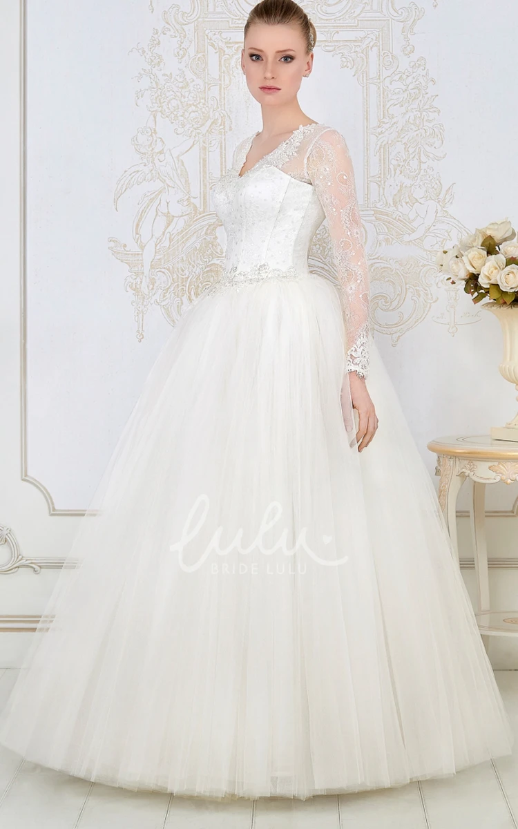 Lace Applique Beaded V-Neck Wedding Dress with Tulle Ball Gown Maxi Sleeves