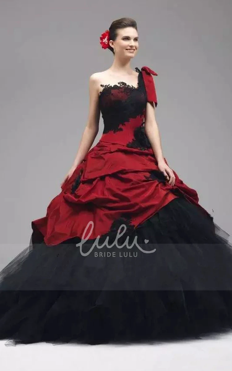 One-shoulder Ball Gown Taffeta Tulle Wedding Dress with Appliques and Ruffles Floor-length