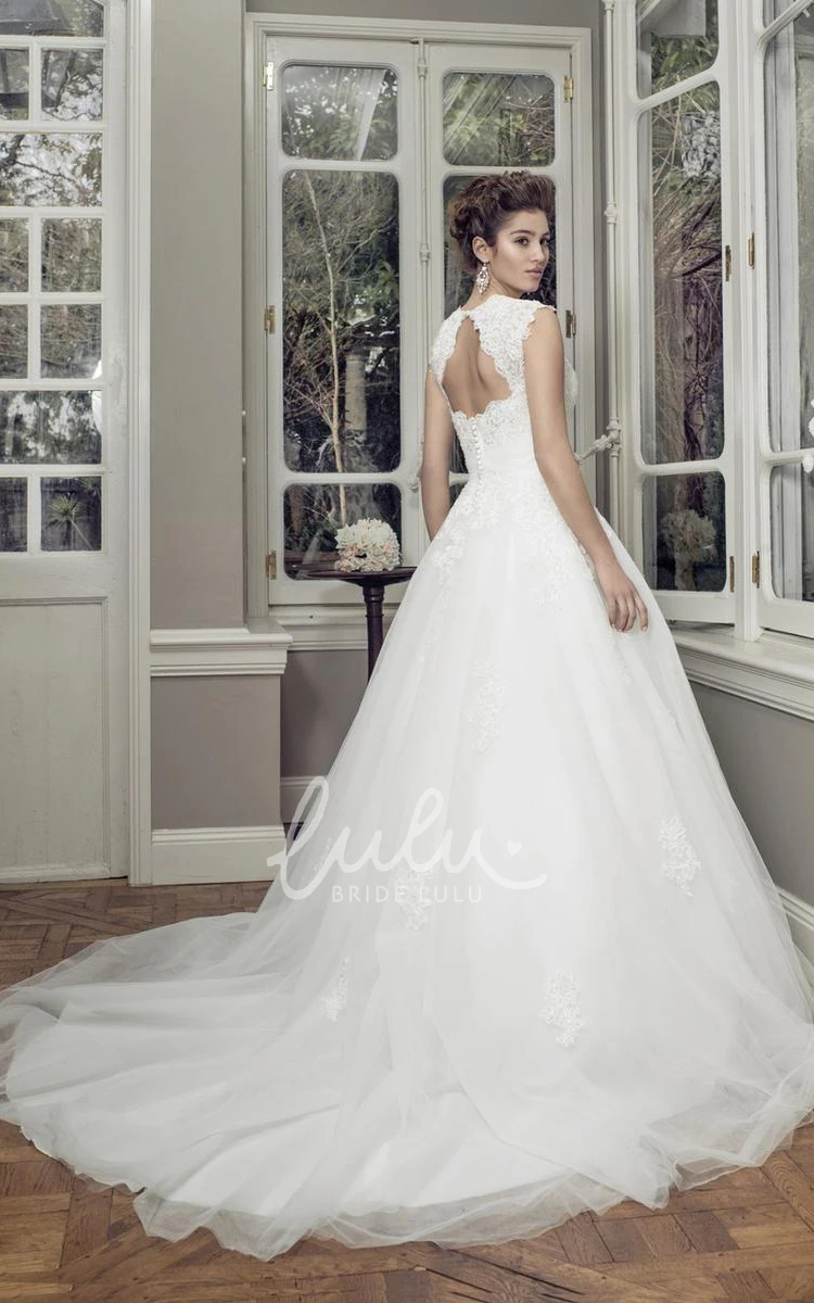 Maxi Lace and Satin Wedding Dress with Appliques and Keyhole Back Ball-Gown Style