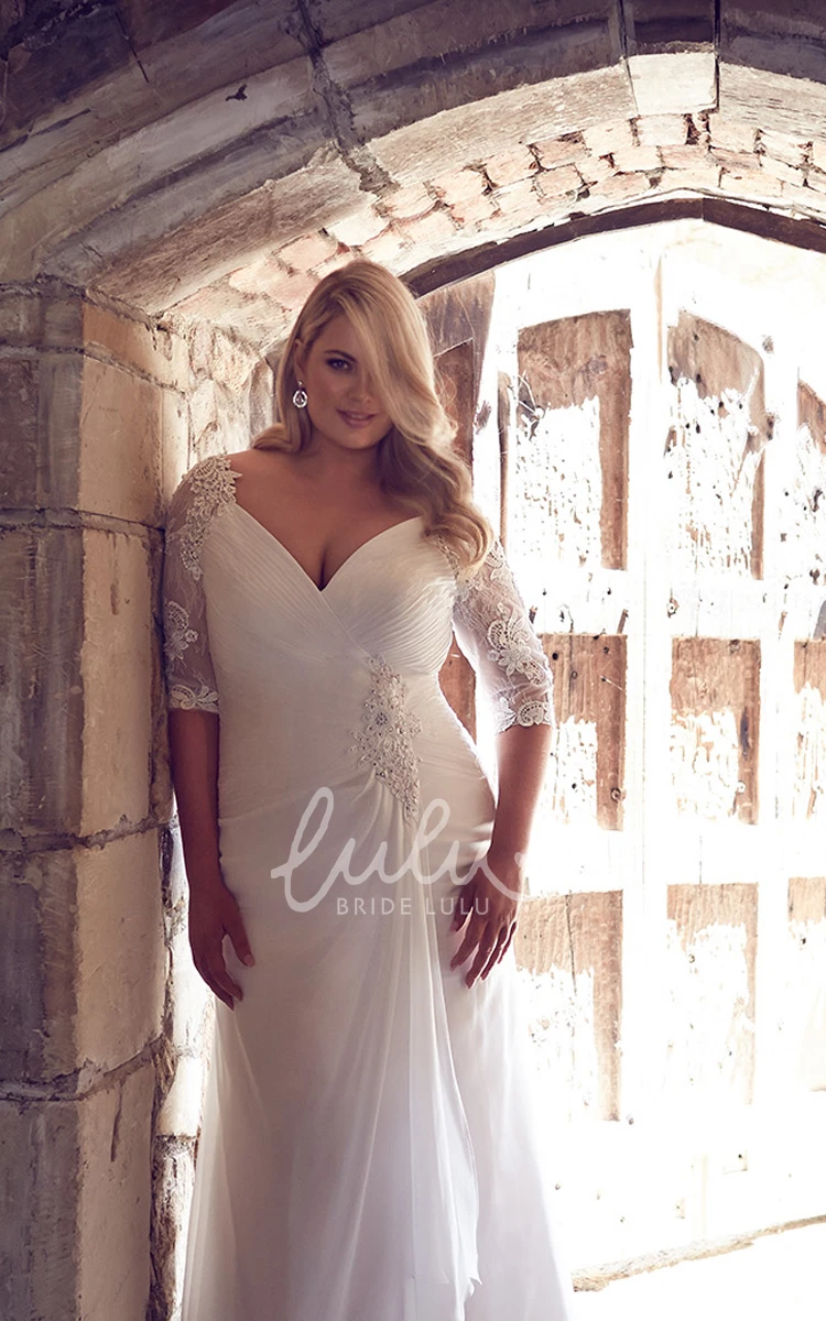 Plus Size Chiffon Wedding Dress with Draped V-Neck and Broach Elegant Sheath Style