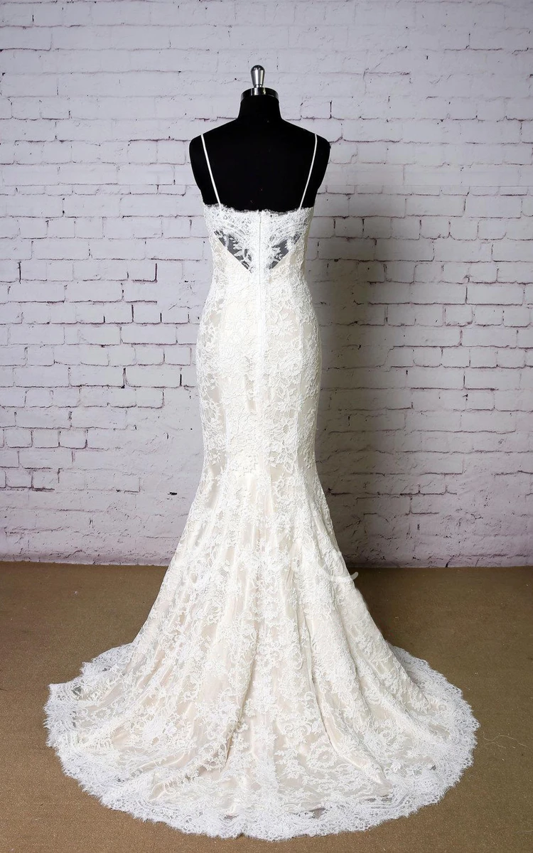 Mermaid Wedding Dress with Lace and Champagne Underlay Spaghetti Straps