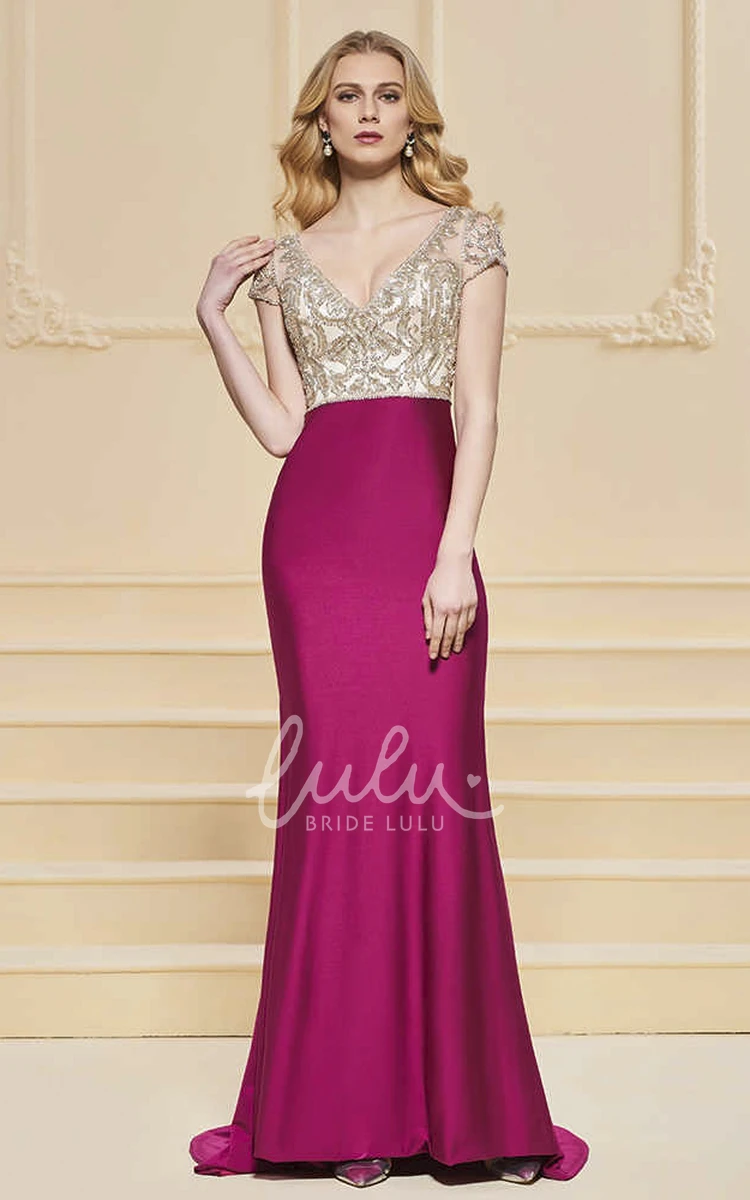 Illusion Beaded Satin Sheath Prom Dress with Plunging Neckline