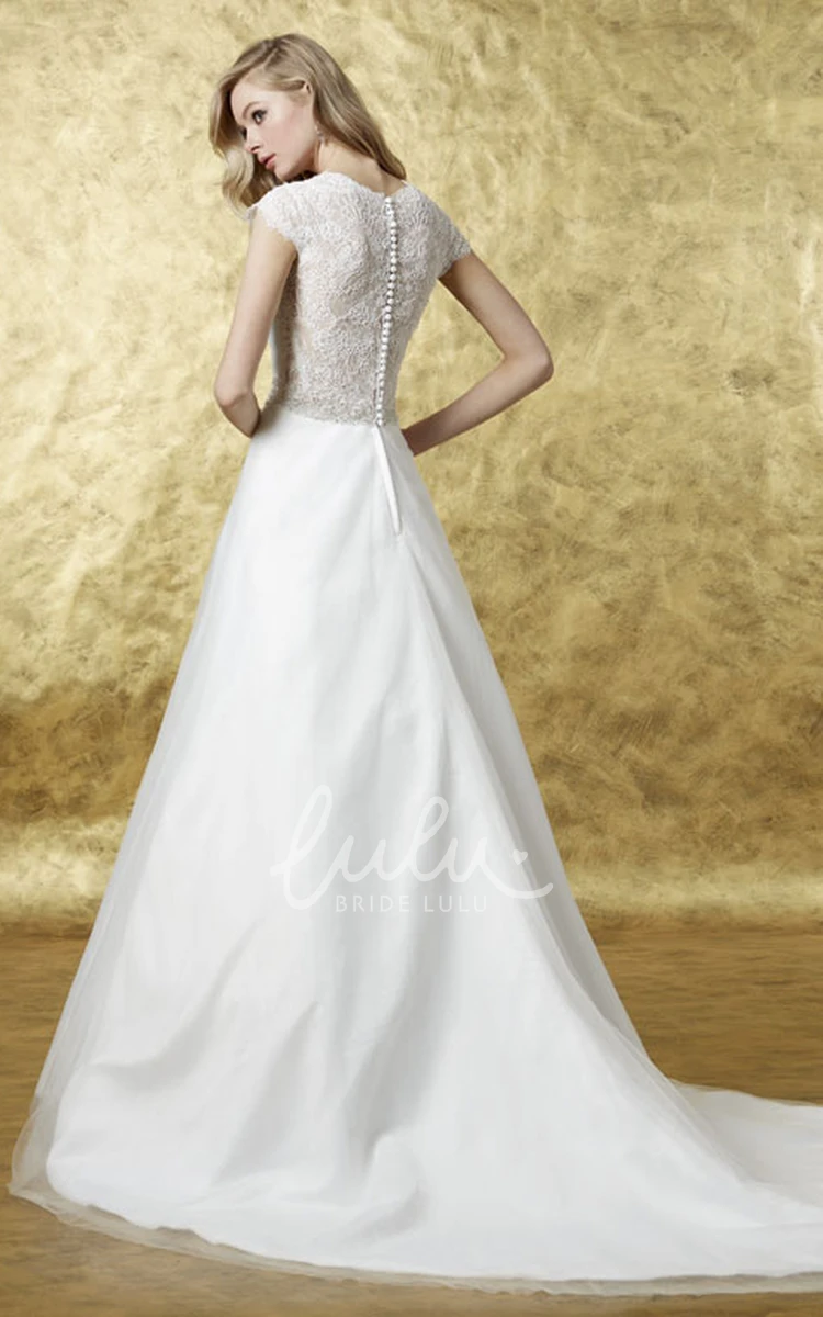 A-Line Organza Wedding Dress with Appliques Cap Sleeve Scalloped Floor-Length