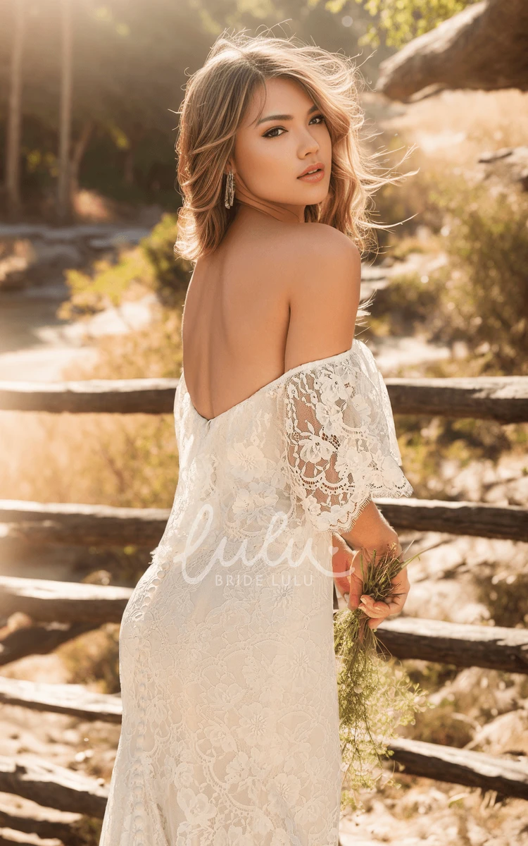 Bohemian Off-the-shoulder Sheath Lace Wedding Dress Draping Short Sleeve Open Back Bridal Gown with Train