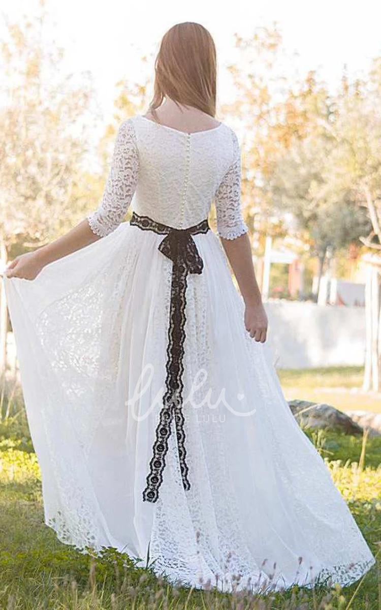 Half Sleeve Lace Ribbon Wedding Dress with Bateau Neckline