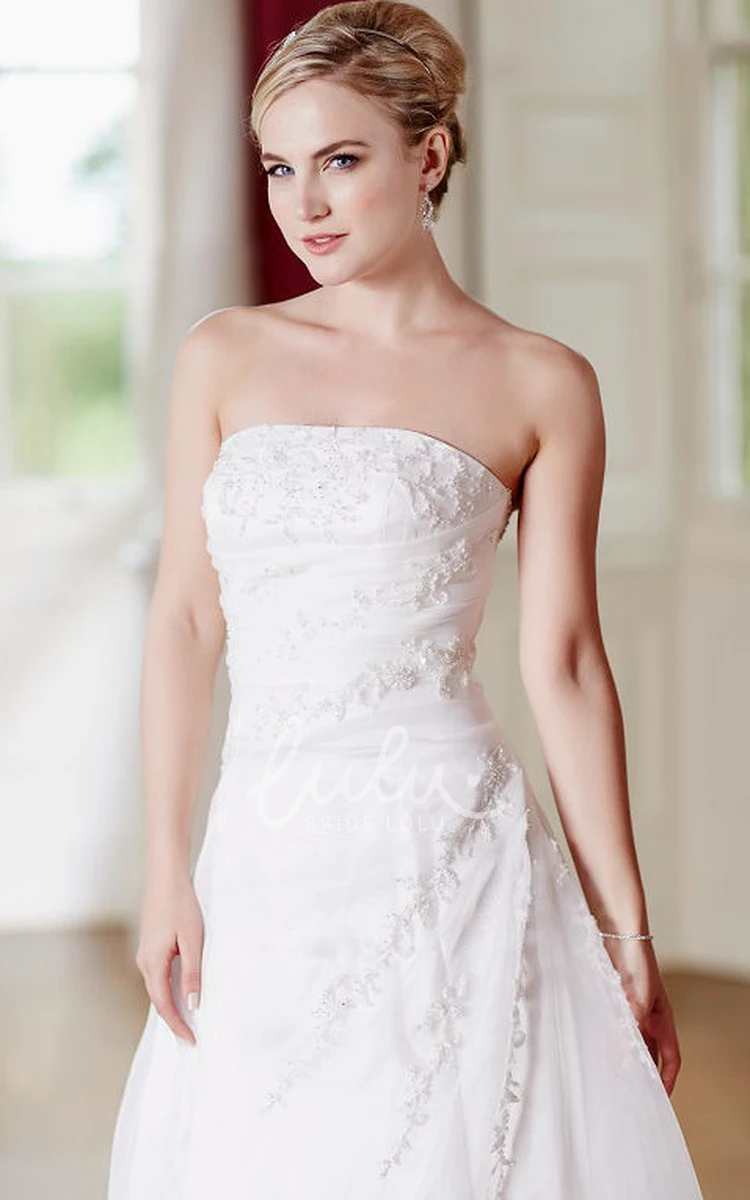 Appliqued A-Line Satin Wedding Dress with Lace-Up Back and Side Draping Floor-Length