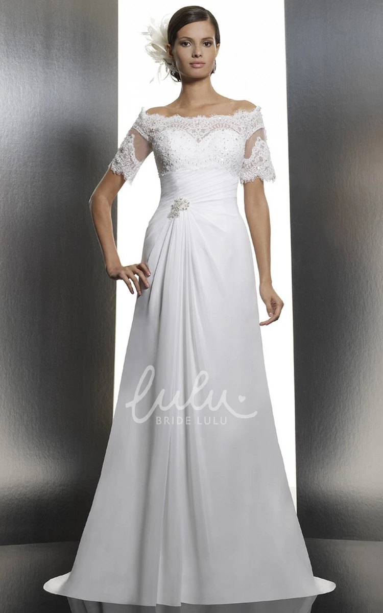 Off-The-Shoulder Chiffon Wedding Dress with Applique and Broach