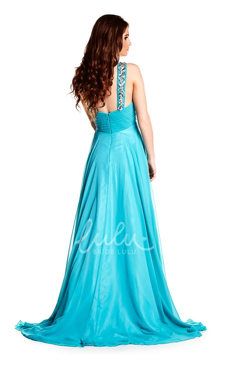 Strapped Chiffon Prom Dress with Beaded Details and Brush Train Classy Prom Dress for Women