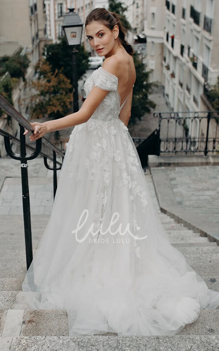 Modern Lace Off-the-shoulder Wedding Dress with Brush Train & Short Sleeves