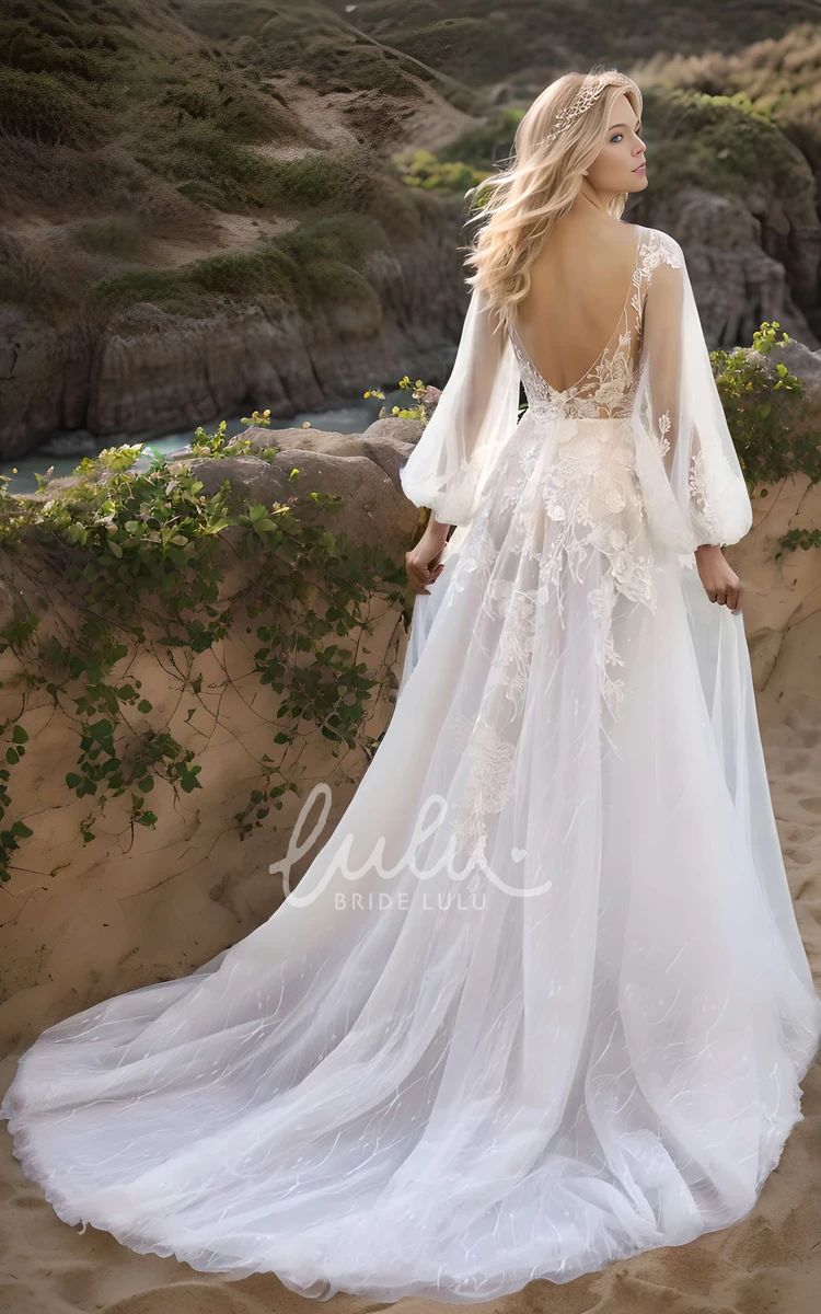 Modern Sexy A-Line Boho Lace Puff Sleeve Wedding Dress Beach Garden Floral Appliqued Tulle Backless Bridal Gown