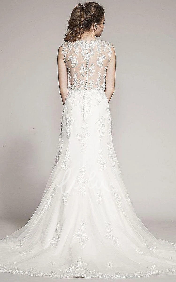 Appliqued Jewel-Neck Sleeveless Trumpet Wedding Dress