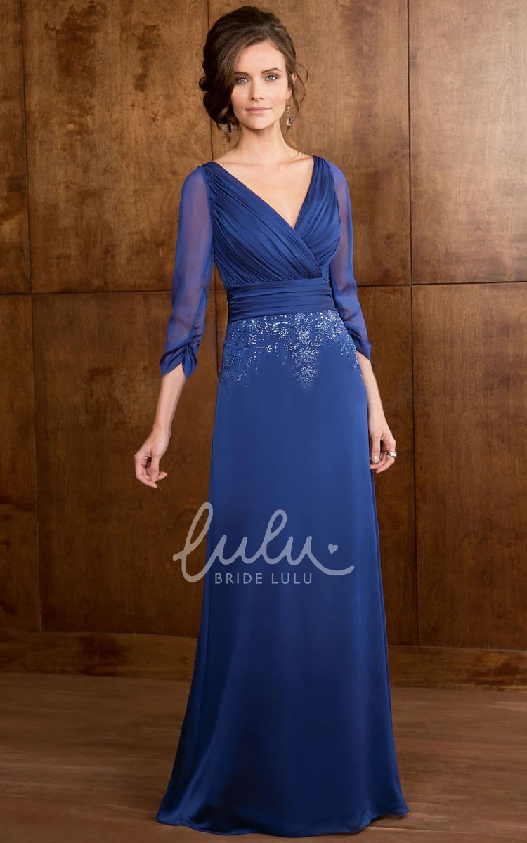 Ruched V-Neck Jersey Mother Of The Bride Dress with Beading Floor-Length Sheath