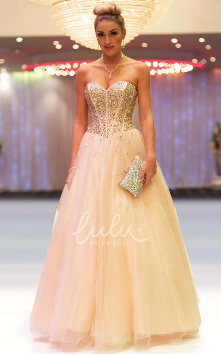 Beaded Tulle Prom Dress with Pleats Long Sleeveless A-Line