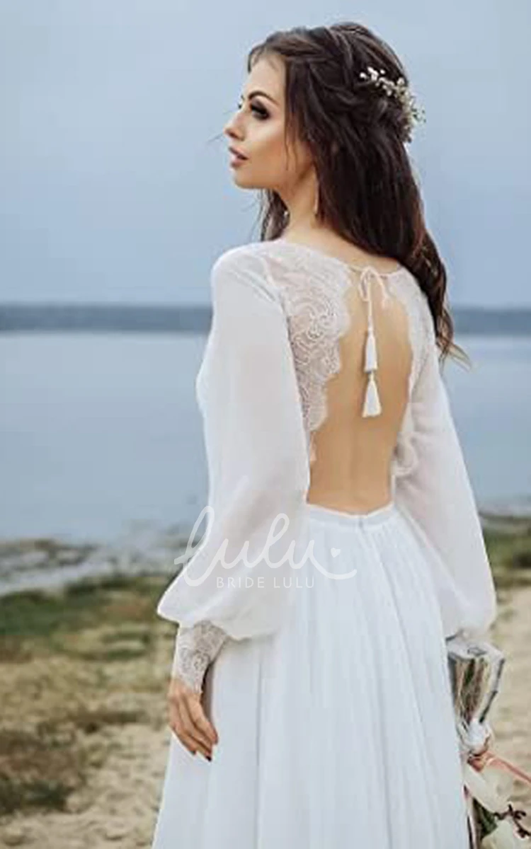 A-Line Chiffon Wedding Dress with Poet Sleeves and Keyhole Back for Country Garden Wedding Simple Unique