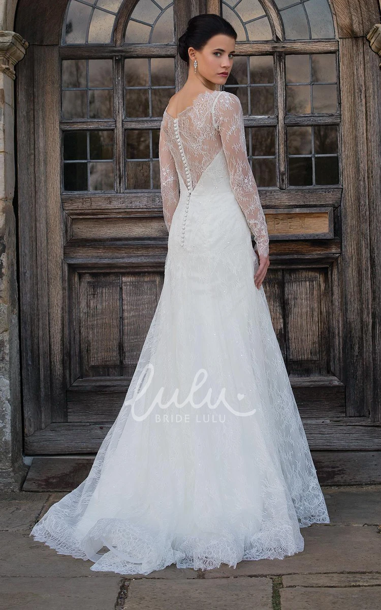 Illusion Long-Sleeve Lace Wedding Dress V-Neck