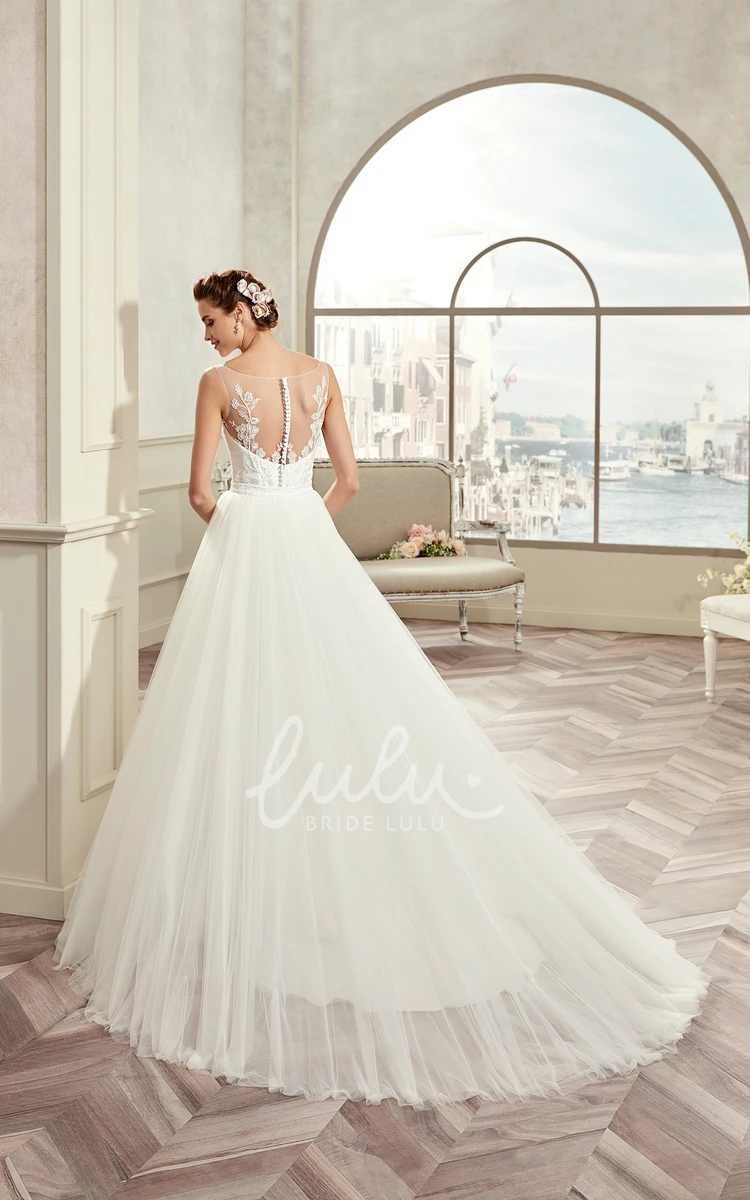 Lace A-Line Wedding Dress with Cap Sleeves and Brush Train Illusive Design