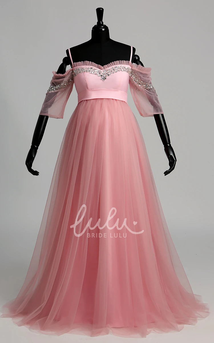 A-Line Maternity Dress with Tulle Fabric Sweep Brush Train Beading and Ruffles