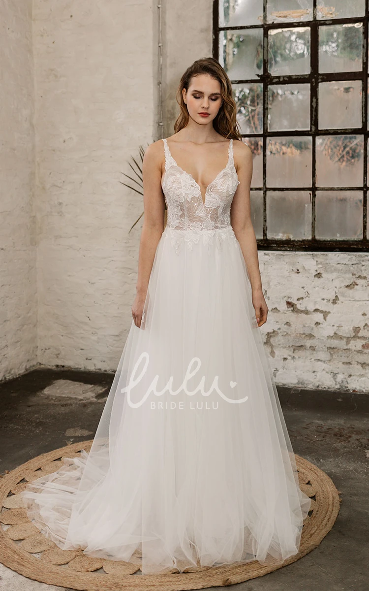 A-Line Ethereal Spaghetti Wedding Dress Straps Bohemian Tulle Lace Applique Backless