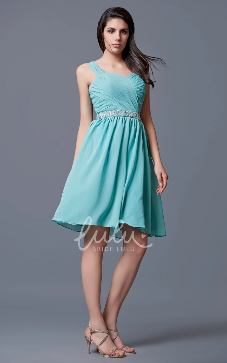 Knee Length Chiffon Prom Dress with Beaded Waist and Straps