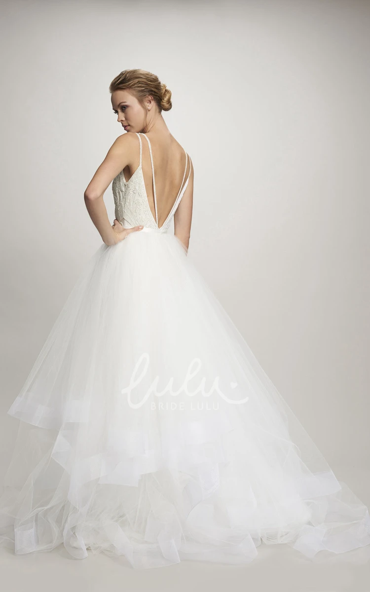 Cascading-Ruffle Tulle Ball Gown Wedding Dress with Appliques and Deep-V Back Unique Bridal Gown