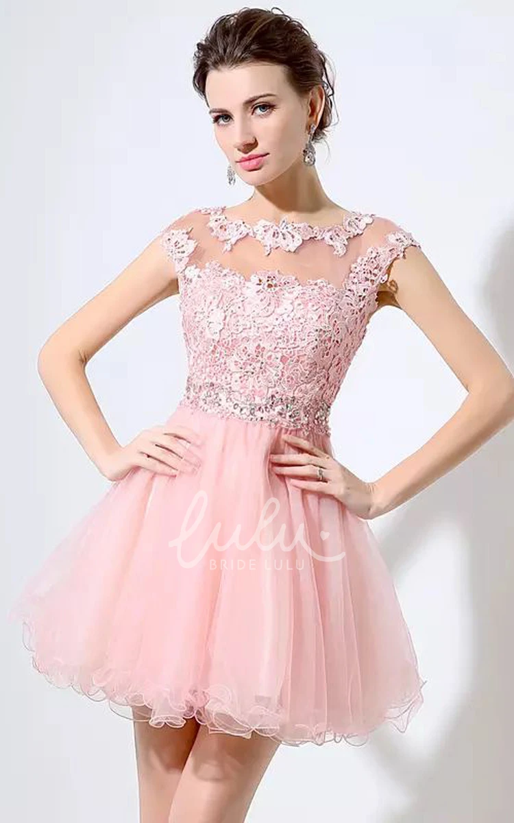 A-line Lace Tulle Short Mini Homecoming Dress with Beading and Pleats