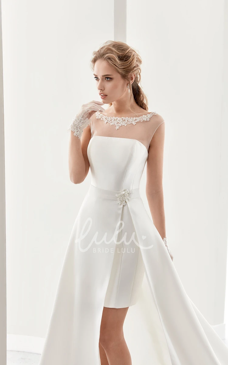 Short Satin Wedding Dress with Illusion Cap Sleeves and Appliques Neckline Modern Bridal Gown