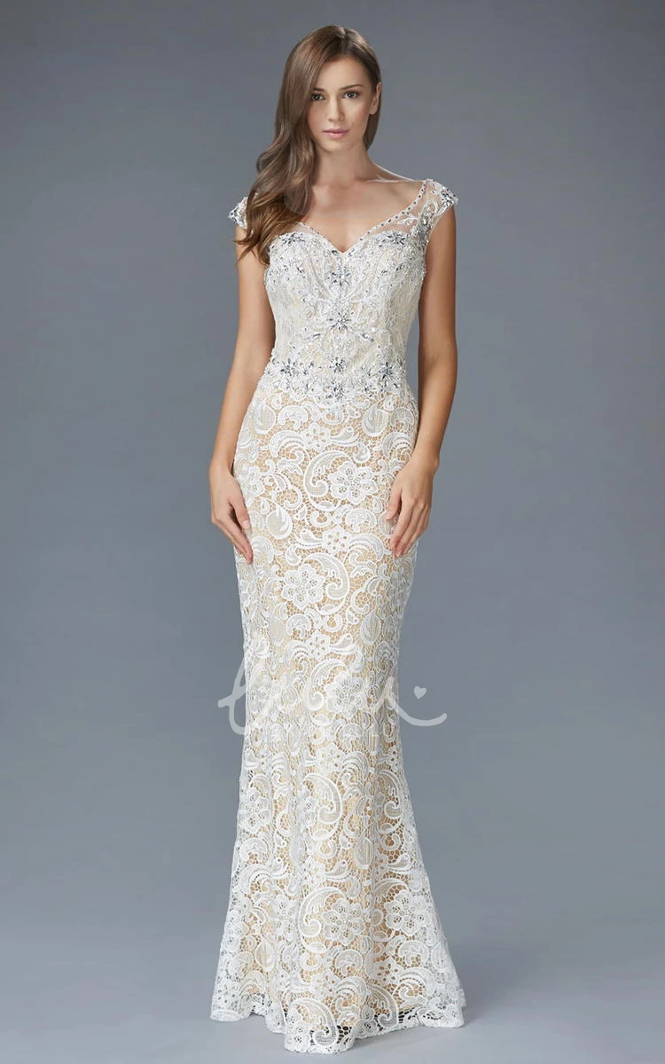 Beaded V-Neck Cap-Sleeve Lace Low-V Back Formal Dress in Sheath Style