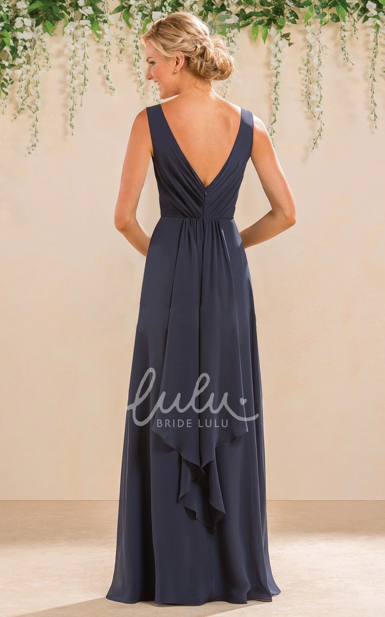 V-Neck Sleeveless A-Line Gown with Front Slit and V-Back Modern Bridesmaid Dress