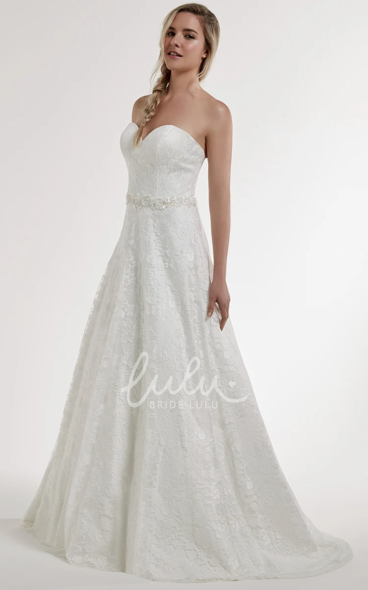 Sleeveless Lace Wedding Dress with Brush Train A-Line Sweetheart Jeweled