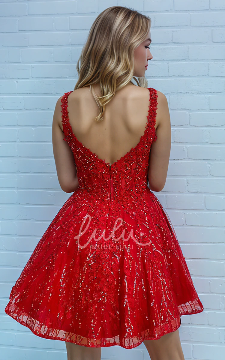 Sparkly Sequins Red Short A-Line Homecoming Dress Mini Shiny Pretty Square Neck Sleeveless Party Dress with Pockets