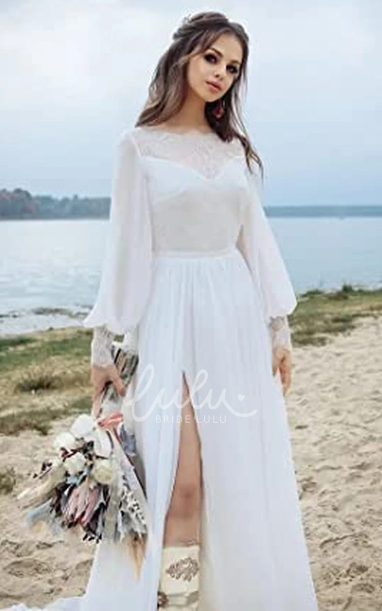 A-Line Chiffon Wedding Dress with Poet Sleeves and Keyhole Back for Country Garden Wedding Simple Unique