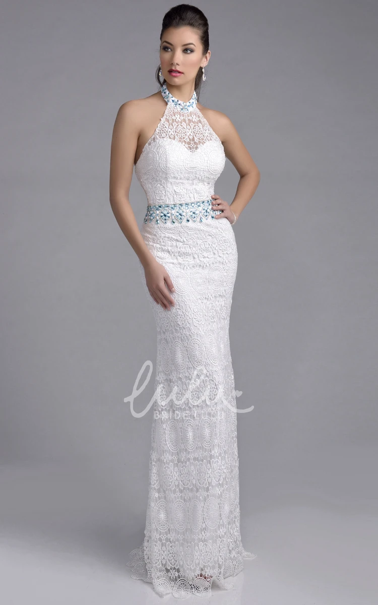 Halter Sheath Lace Prom Dress with Rhinestones Neck and Waist