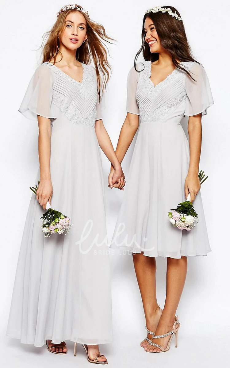 Chiffon Bridesmaid Dress with Ruched V-Neck & Poet Sleeves Ankle-Length