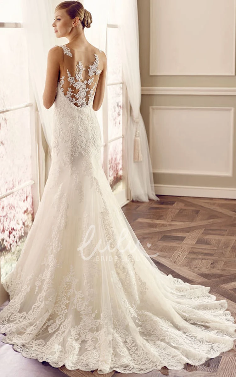 Long Sleeveless Lace Wedding Dress with Illusion and Court Train Scoop Neckline