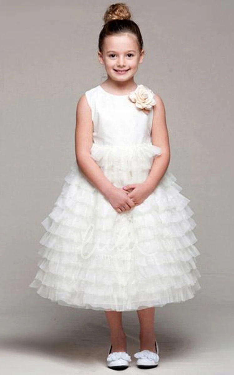 Satin and Tulle Tiered Tea-Length Flower Girl Dress