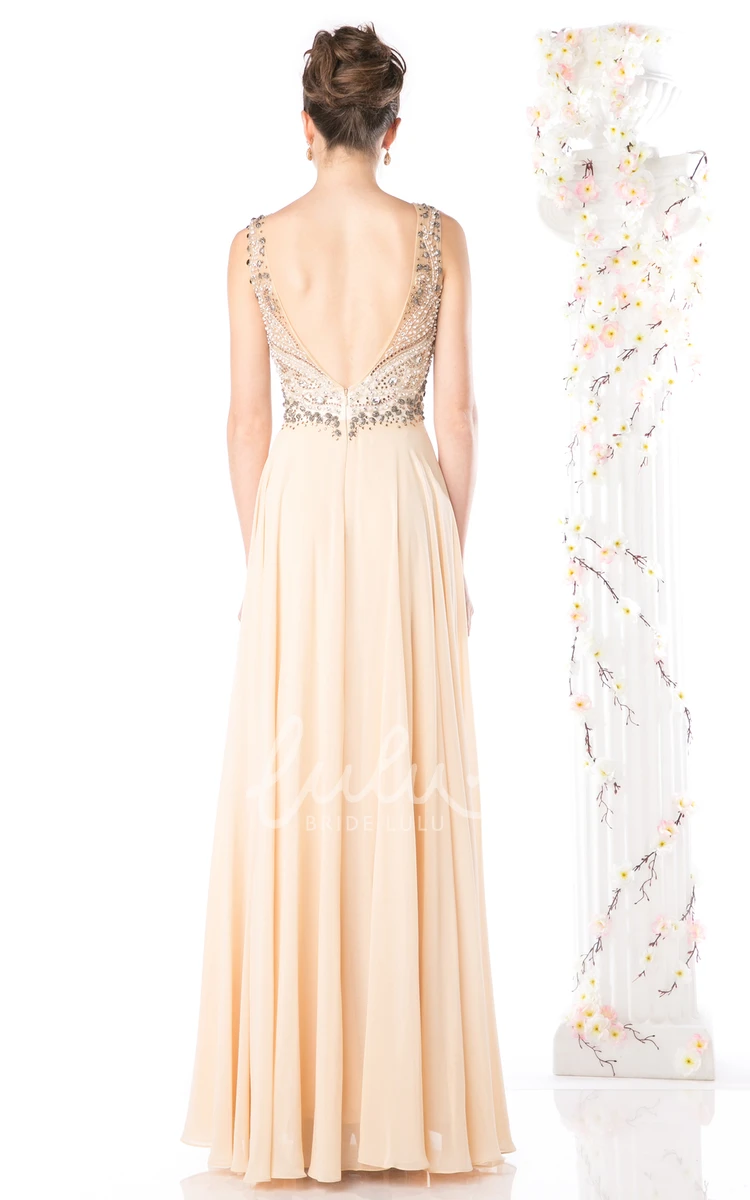 A-Line Chiffon Beaded Formal Dress with Split Front and Deep-V Back