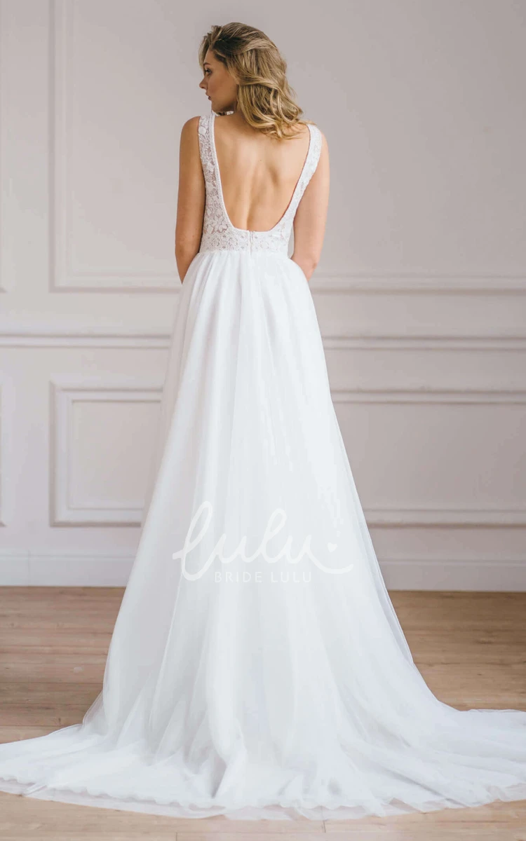 Modern A Line Tulle Plunging Neckline Wedding Dress Sleeveless