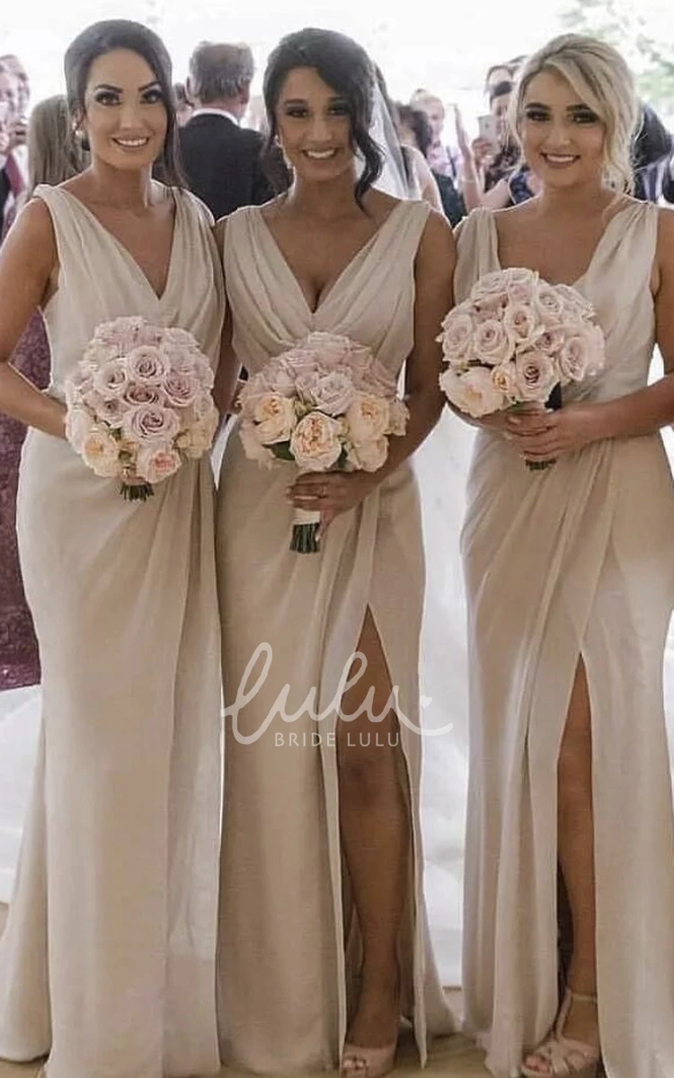 Sleeveless Sheath Bridesmaid Dress with Deep V-neck Front Split and Ruching