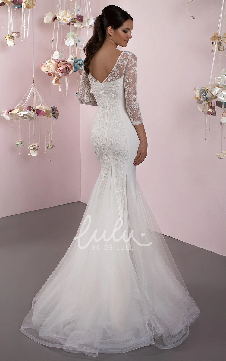 Lace Mermaid Wedding Dress with 3/4 Sleeves and Brush Train