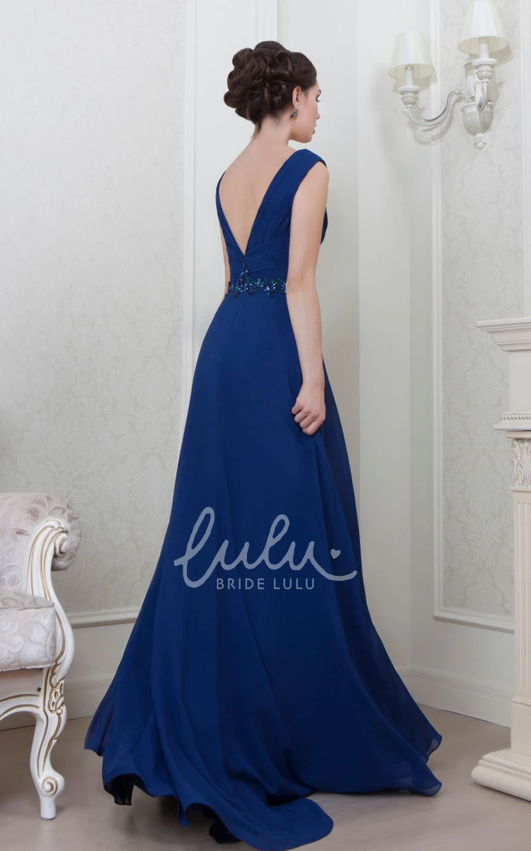 A-Line Ruched Chiffon Evening Dress + V-Neck + Beading + Flowy