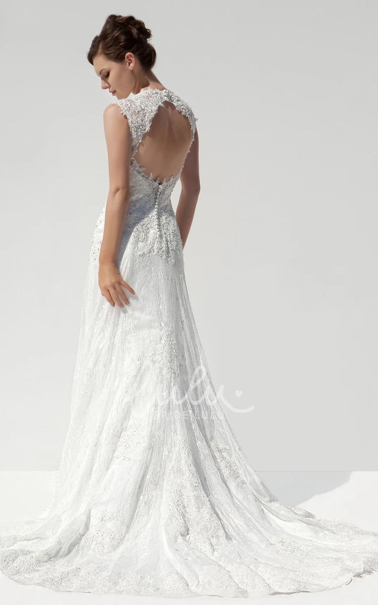 Lace V-Neck A-Line Wedding Dress with Appliques and Floor-Length