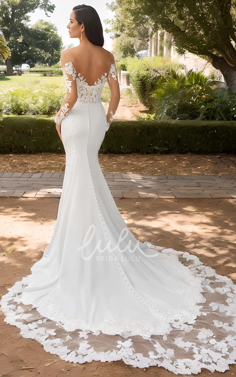 Mermaid Classic Illusion Sexy V-Neck Lace Applique Long Tail Wedding Dress With Long Sleeves