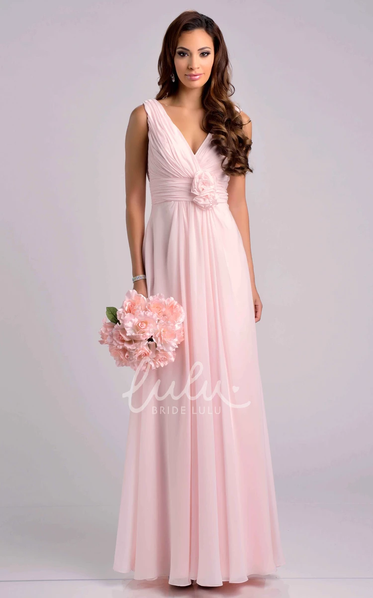 Chiffon V-Neck Sleeveless Dress with Flowers and V-Back for Bridesmaids